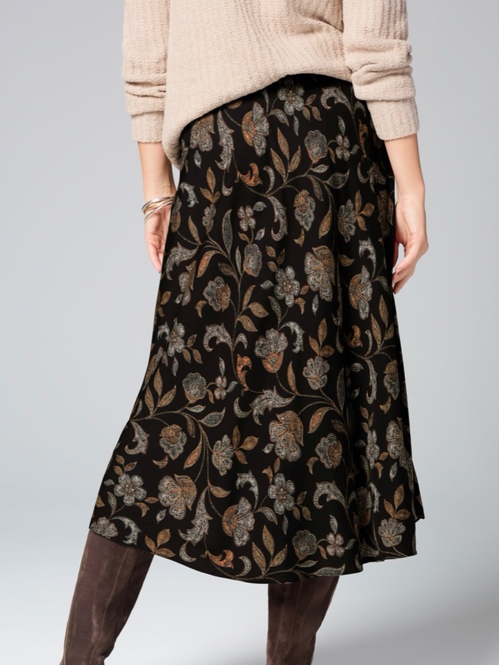 NEW J.Jill Black Floral Paisley Midi Semi Swing Skirt Silk-Like Viscose Academia - Picture 2 of 15